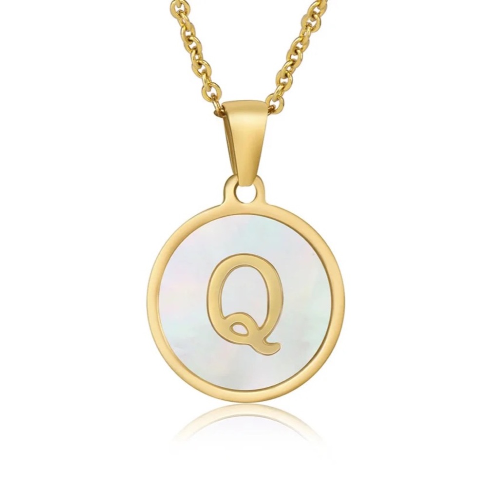 Letter “Q” Initial Pendant 18k Gold Plated Real Mother Pearl A, B, C, D,…